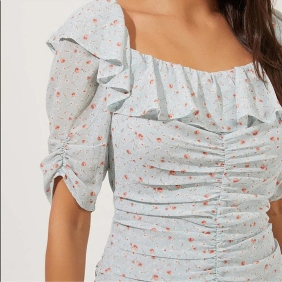 ASTR The Label Dress Short Sleeve Ruffle Neck Ruched Teal Multi Ditsy Women’s M - Picture 4 of 14